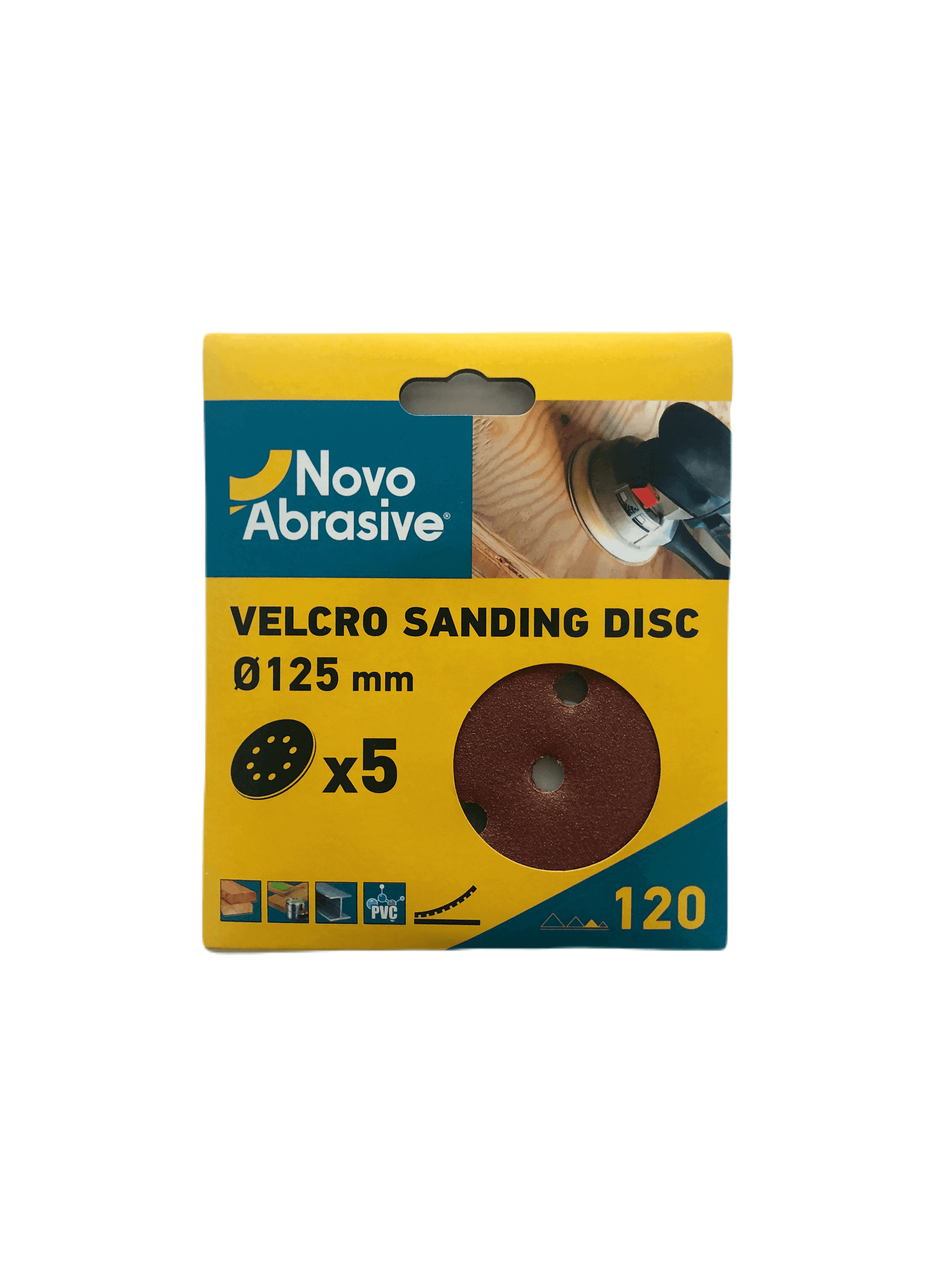 Круг шліфувальний самозачепний NovoAbrasive 125 мм, Р120, 8 отв., упак. 5шт.